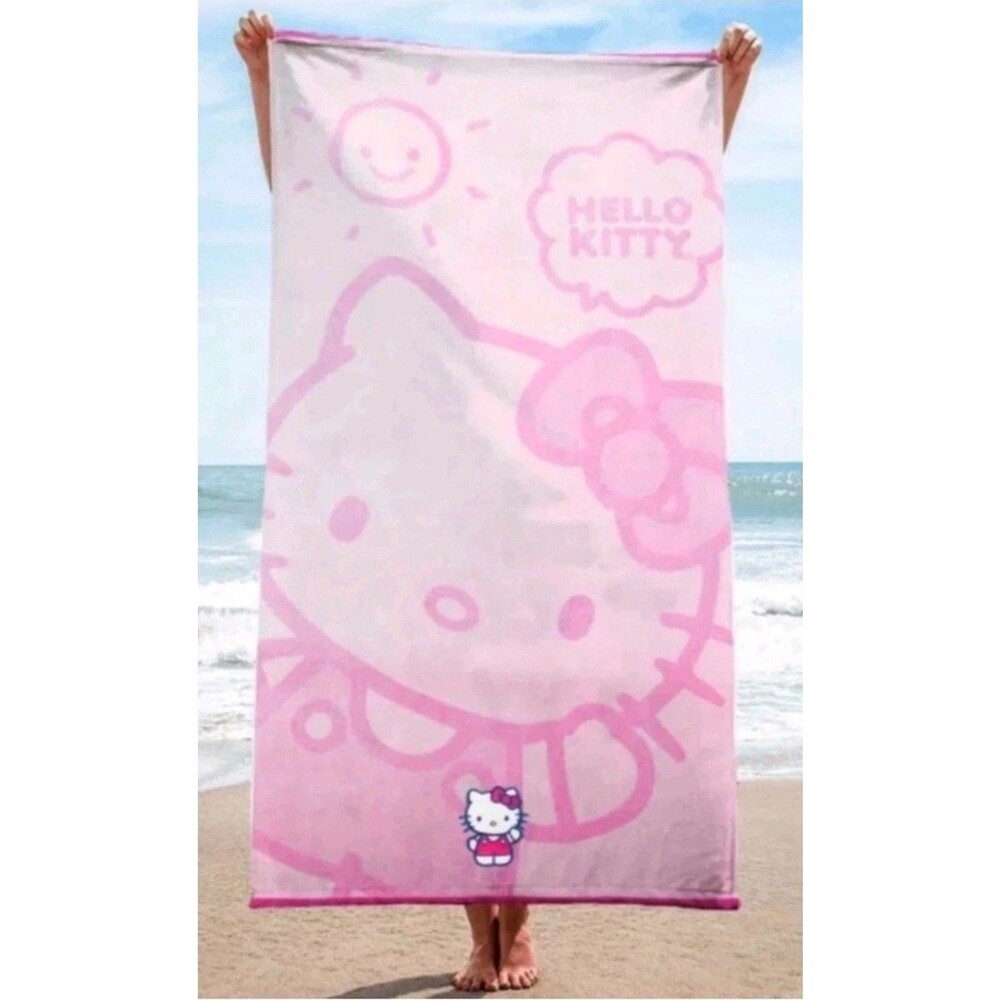 Hello Kitty Pink Embroidered Beach Towel 100% Cotton Sheared Velour 34x63 Sanrio - Picture 6 of 12